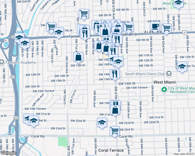 map of restaurants, bars, coffee shops, grocery stores, and more near 6861 Southwest 15th Street in Miami
