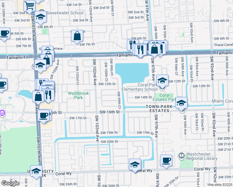map of restaurants, bars, coffee shops, grocery stores, and more near 10000 Southwest 13th Terrace in Miami