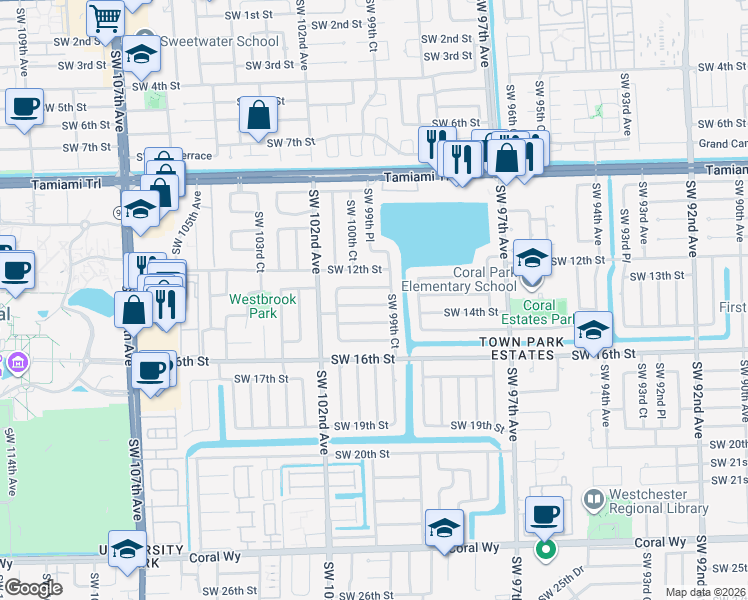 map of restaurants, bars, coffee shops, grocery stores, and more near 10000 Southwest 13th Terrace in Miami