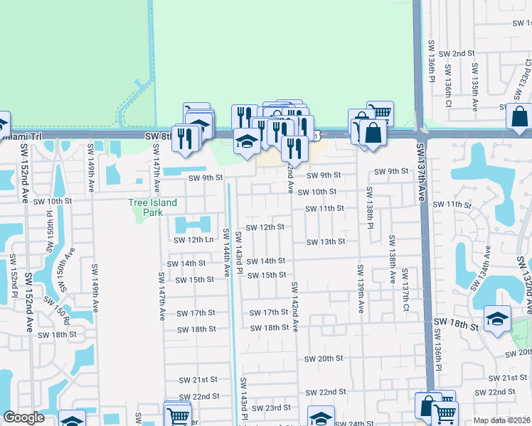 map of restaurants, bars, coffee shops, grocery stores, and more near 14343 Southwest 11th Terrace in Miami