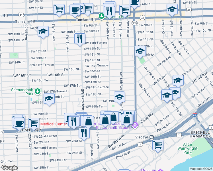 map of restaurants, bars, coffee shops, grocery stores, and more near 1415 Southwest 17th Terrace in Miami