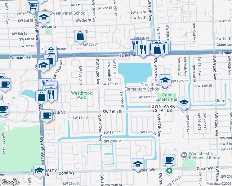 map of restaurants, bars, coffee shops, grocery stores, and more near 10000 Southwest 13th Terrace in Miami