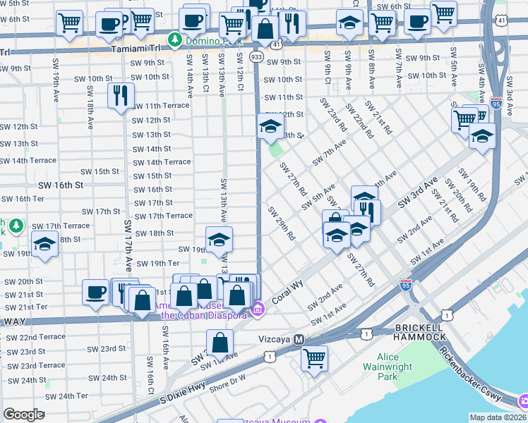 map of restaurants, bars, coffee shops, grocery stores, and more near 1739 Southwest 12th Avenue in Miami