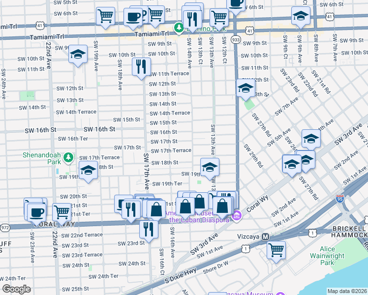 map of restaurants, bars, coffee shops, grocery stores, and more near 1415 Southwest 17th Terrace in Miami