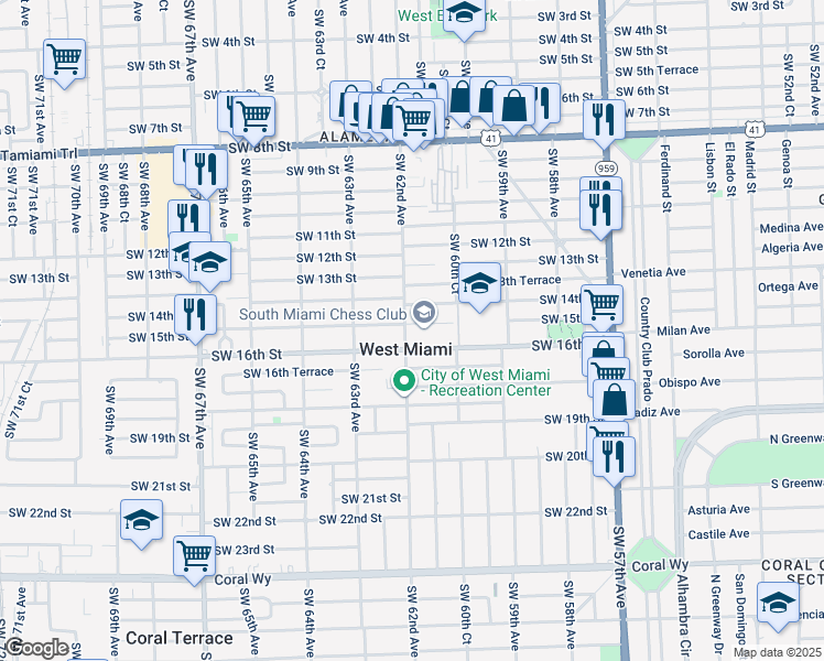map of restaurants, bars, coffee shops, grocery stores, and more near in West Miami
