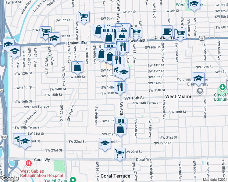 map of restaurants, bars, coffee shops, grocery stores, and more near 1500 Ludlam Road in West Miami
