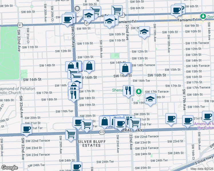 map of restaurants, bars, coffee shops, grocery stores, and more near 2340 Southwest 17th Street in Miami
