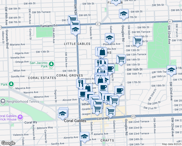 map of restaurants, bars, coffee shops, grocery stores, and more near 232 Zamora Avenue in Miami