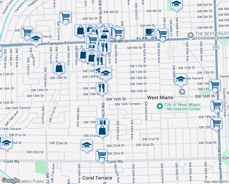 map of restaurants, bars, coffee shops, grocery stores, and more near 1517 Southwest 65th Place in West Miami