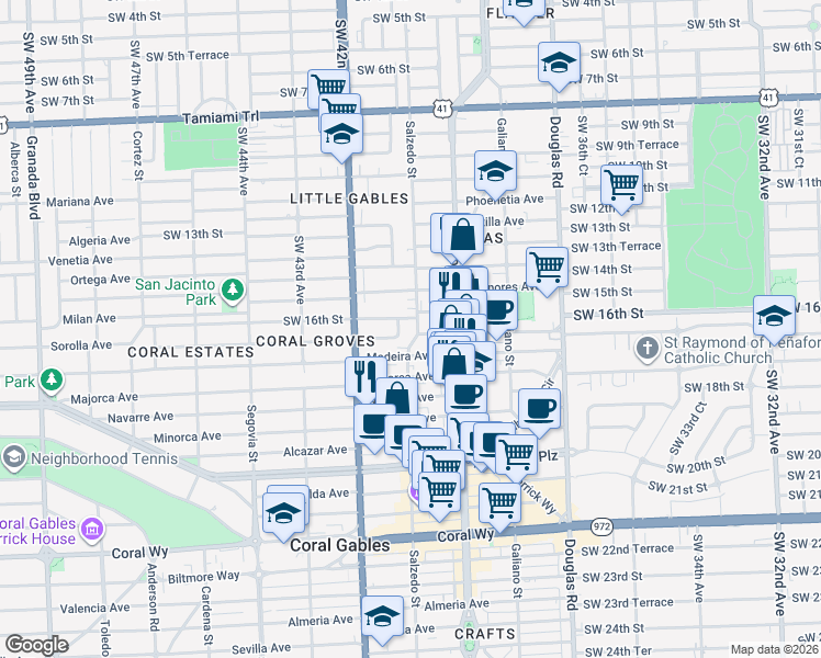 map of restaurants, bars, coffee shops, grocery stores, and more near 232 Zamora Avenue in Miami