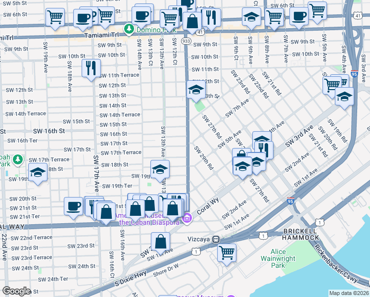 map of restaurants, bars, coffee shops, grocery stores, and more near 1739 Southwest 12th Avenue in Miami