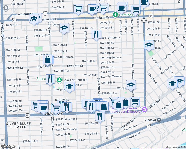 map of restaurants, bars, coffee shops, grocery stores, and more near 1738 Southwest 17th Street in Miami
