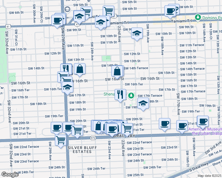 map of restaurants, bars, coffee shops, grocery stores, and more near 2262 Southwest 17th Street in Miami