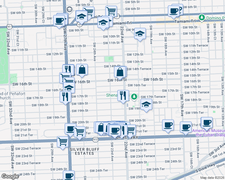 map of restaurants, bars, coffee shops, grocery stores, and more near 2262 Southwest 17th Street in Miami