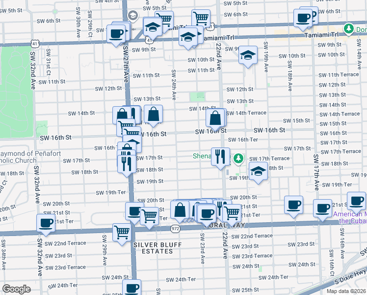 map of restaurants, bars, coffee shops, grocery stores, and more near 2340 Southwest 17th Street in Miami