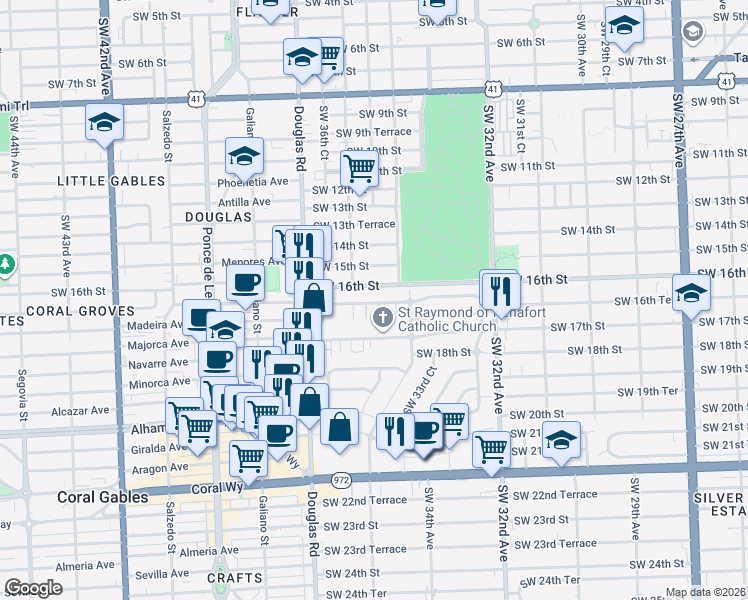 map of restaurants, bars, coffee shops, grocery stores, and more near 3436 Southwest 16th Terrace in Miami
