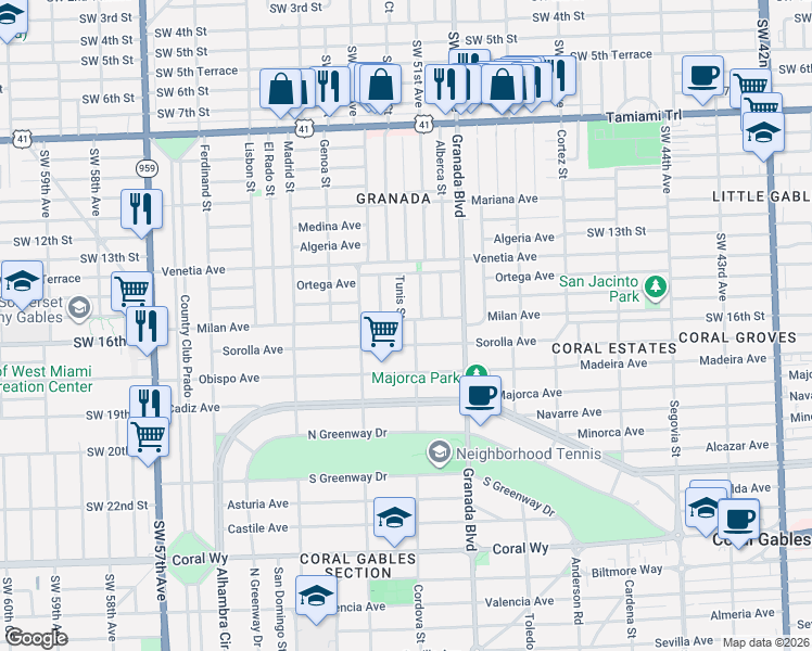 map of restaurants, bars, coffee shops, grocery stores, and more near 1043 Sorolla Avenue in Coral Gables