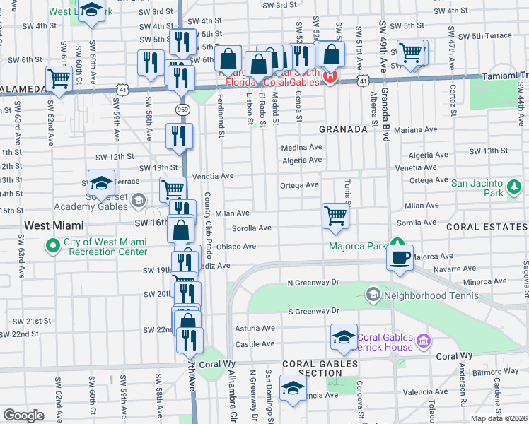 map of restaurants, bars, coffee shops, grocery stores, and more near 1322 Milan Avenue in Coral Gables