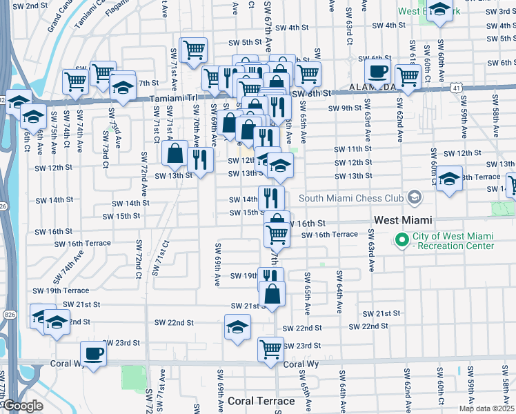 map of restaurants, bars, coffee shops, grocery stores, and more near in West Miami