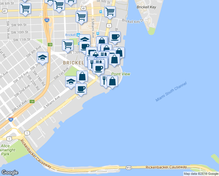map of restaurants, bars, coffee shops, grocery stores, and more near 801 Brickell Bay Drive in Miami