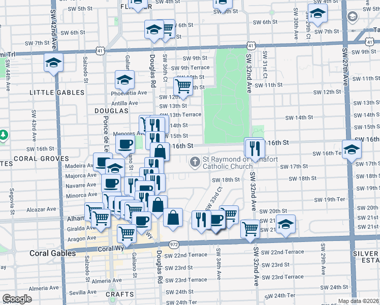 map of restaurants, bars, coffee shops, grocery stores, and more near 3436 Southwest 16th Terrace in Miami