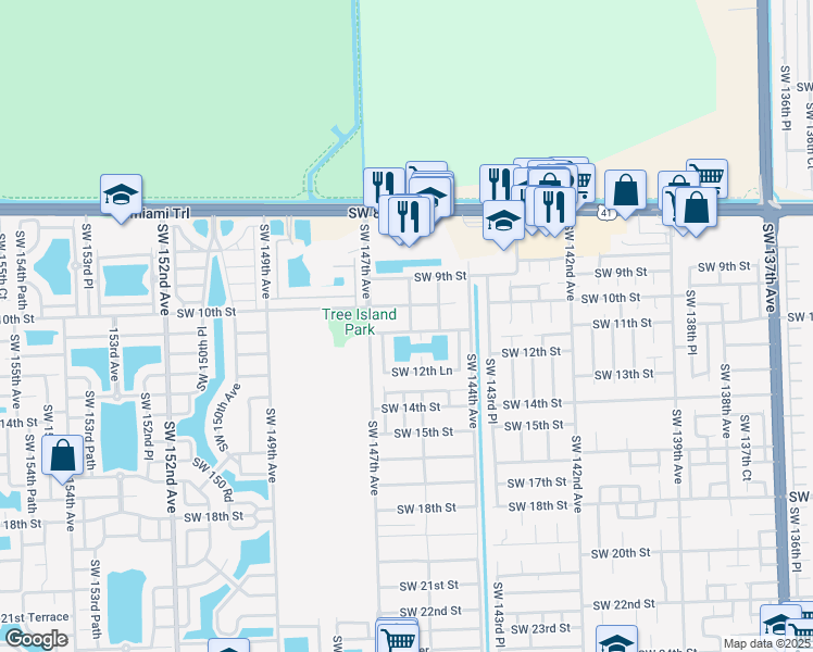 map of restaurants, bars, coffee shops, grocery stores, and more near 14533 Southwest 11th Street in Miami