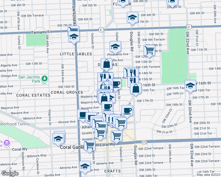 map of restaurants, bars, coffee shops, grocery stores, and more near 110 Zamora Avenue in Coral Gables