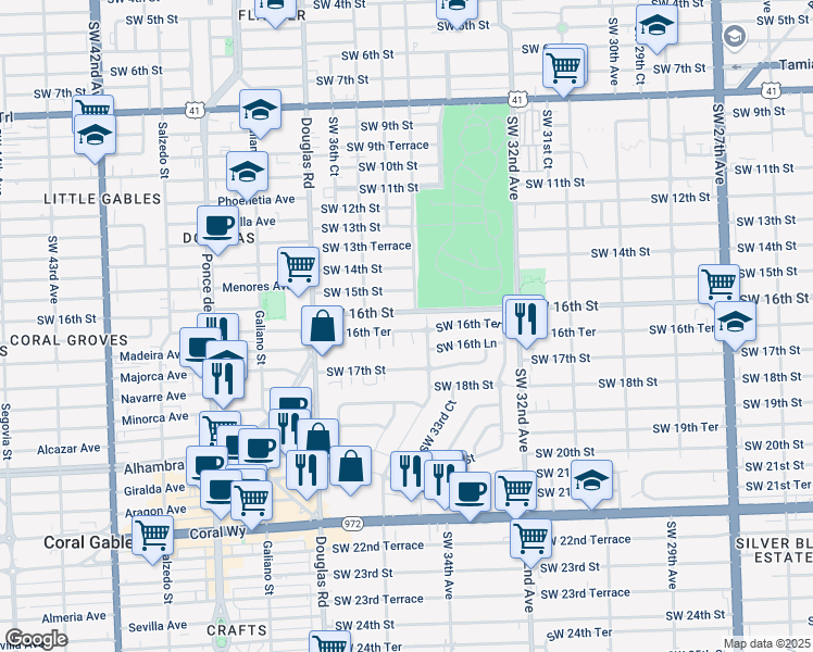 map of restaurants, bars, coffee shops, grocery stores, and more near 3436 Southwest 16th Terrace in Miami