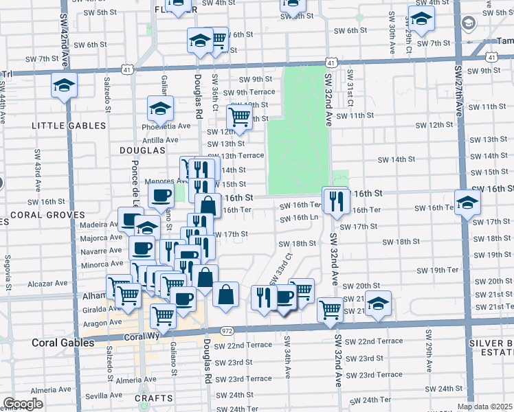 map of restaurants, bars, coffee shops, grocery stores, and more near 3436 Southwest 16th Terrace in Miami