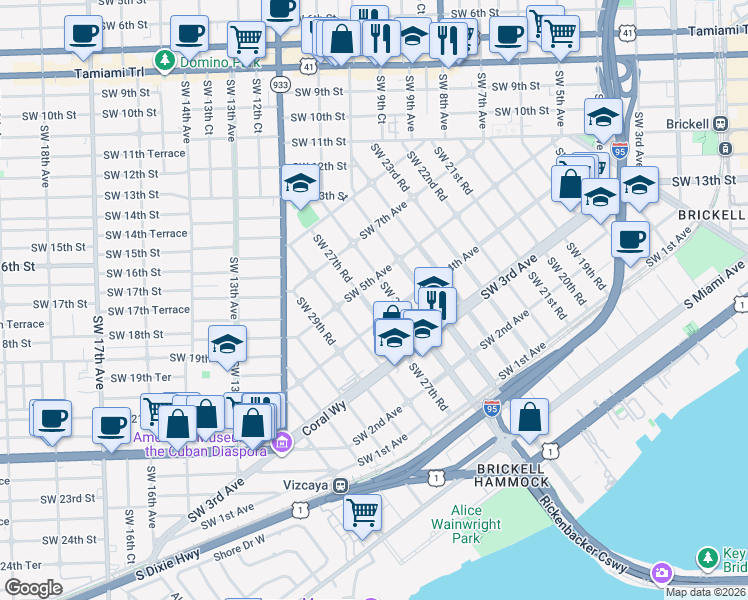 map of restaurants, bars, coffee shops, grocery stores, and more near 436 Southwest 27th Road in Miami
