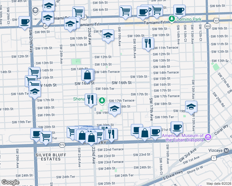 map of restaurants, bars, coffee shops, grocery stores, and more near 2000 Southwest 17th Street in Miami