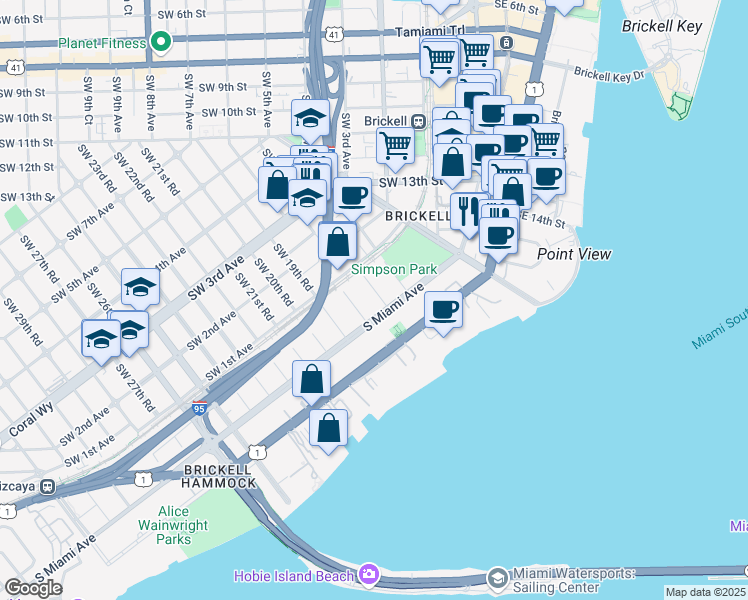 map of restaurants, bars, coffee shops, grocery stores, and more near 1804 South Miami Avenue in Miami