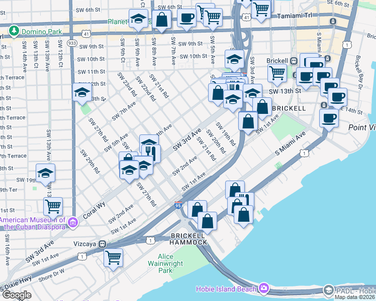 map of restaurants, bars, coffee shops, grocery stores, and more near in Miami