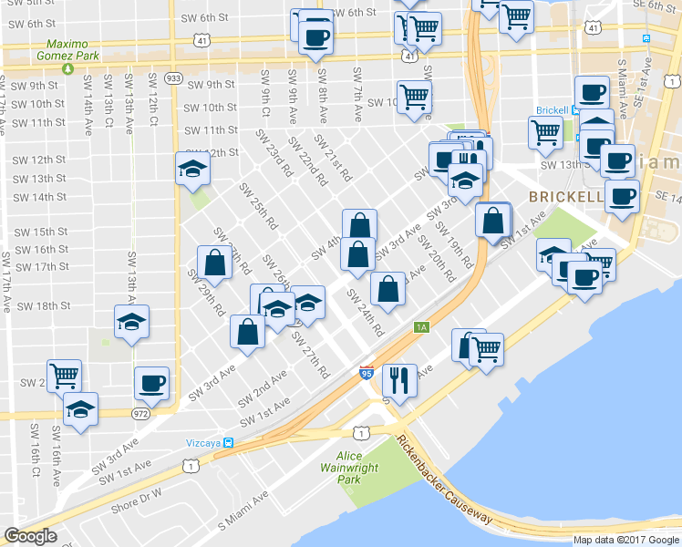 map of restaurants, bars, coffee shops, grocery stores, and more near 2401 Southwest 3rd Avenue in Miami