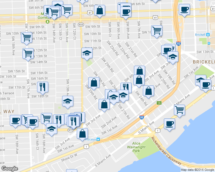 map of restaurants, bars, coffee shops, grocery stores, and more near 436 Southwest 27th Road in Miami