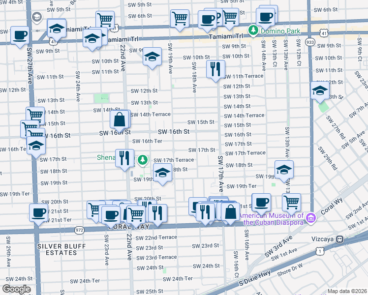 map of restaurants, bars, coffee shops, grocery stores, and more near 1884 Southwest 17th Street in Miami