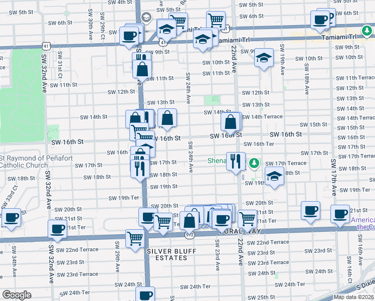 map of restaurants, bars, coffee shops, grocery stores, and more near in Miami