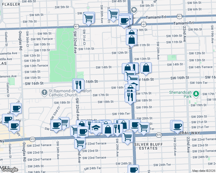 map of restaurants, bars, coffee shops, grocery stores, and more near 1627 Southwest 30th Avenue in Miami