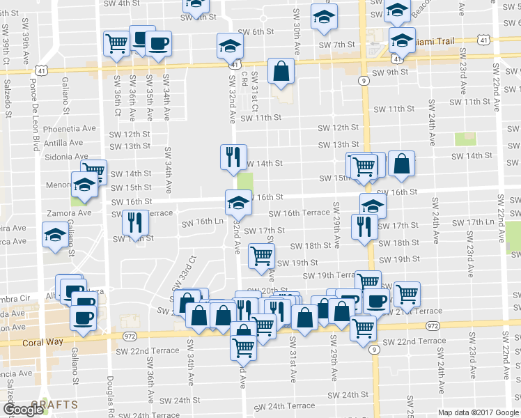 map of restaurants, bars, coffee shops, grocery stores, and more near 3142 Southwest 16th Terrace in Miami