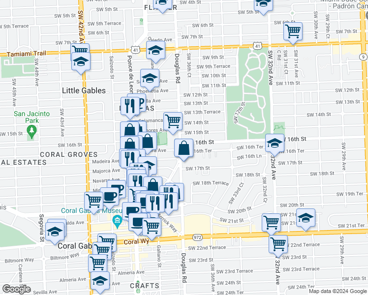 map of restaurants, bars, coffee shops, grocery stores, and more near 1627 Southwest 37th Avenue in Miami