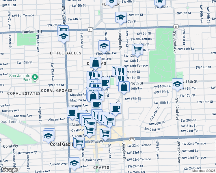 map of restaurants, bars, coffee shops, grocery stores, and more near 110 Zamora Avenue in Coral Gables
