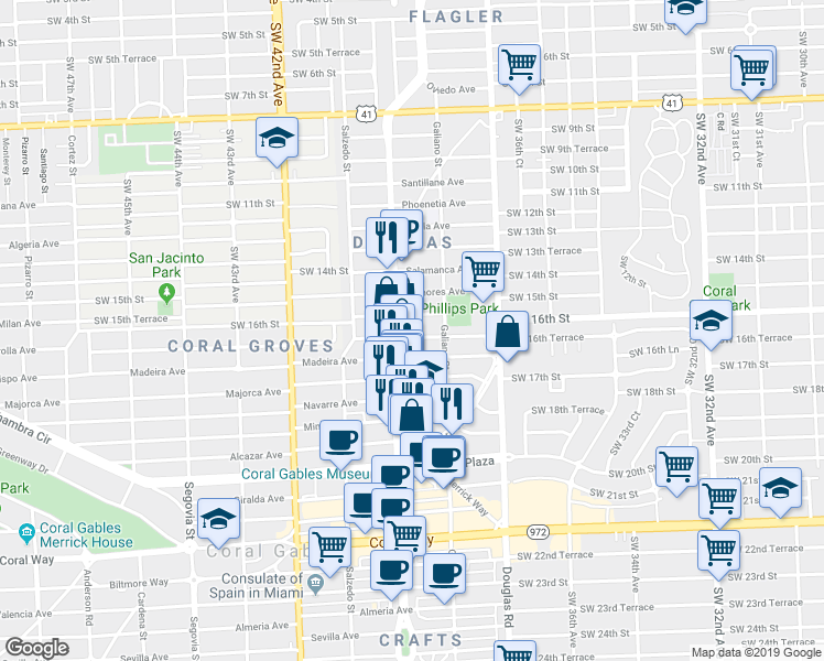 map of restaurants, bars, coffee shops, grocery stores, and more near 110 Zamora Avenue in Coral Gables