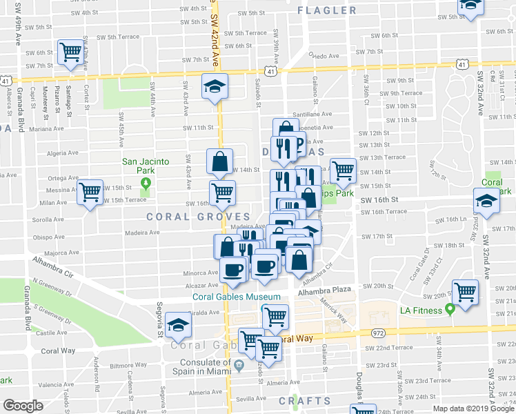 map of restaurants, bars, coffee shops, grocery stores, and more near 232 Zamora Avenue in Miami