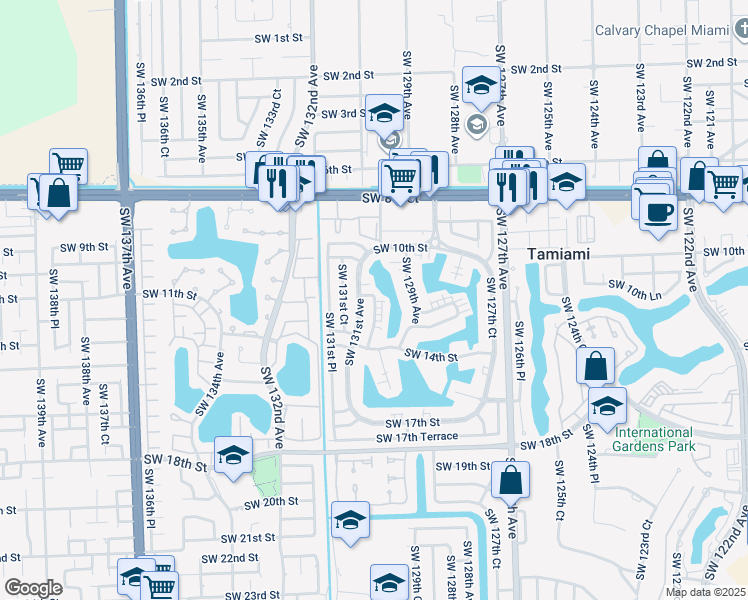 map of restaurants, bars, coffee shops, grocery stores, and more near 1145 Southwest 130th Avenue in Miami