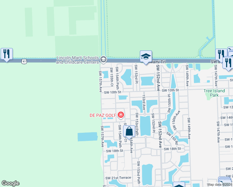 map of restaurants, bars, coffee shops, grocery stores, and more near 1051 Southwest 155th Avenue in Miami