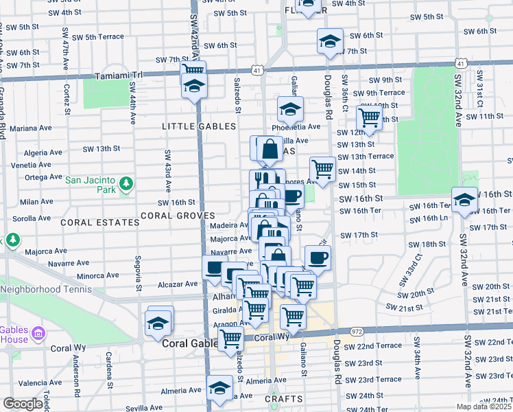 map of restaurants, bars, coffee shops, grocery stores, and more near 1704 Ponce de Leon in Coral Gables