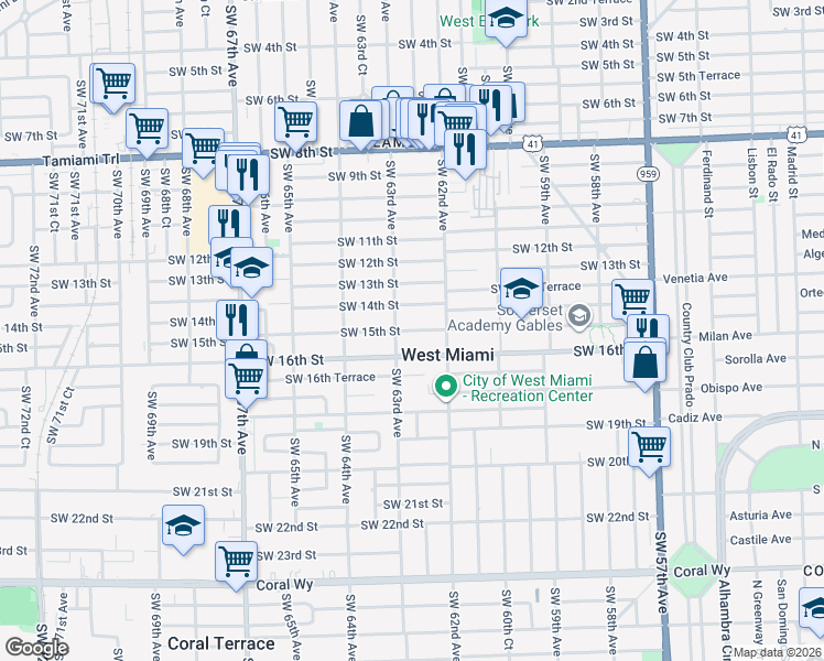 map of restaurants, bars, coffee shops, grocery stores, and more near 6236 Southwest 15th Street in West Miami