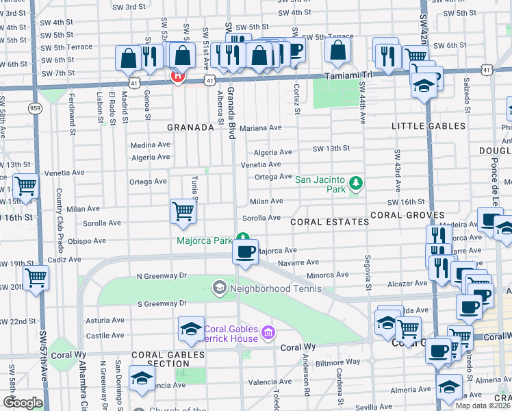 map of restaurants, bars, coffee shops, grocery stores, and more near 916 Milan Avenue in Coral Gables