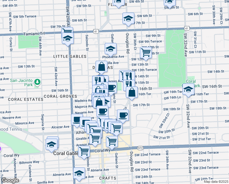 map of restaurants, bars, coffee shops, grocery stores, and more near 110 Zamora Avenue in Coral Gables