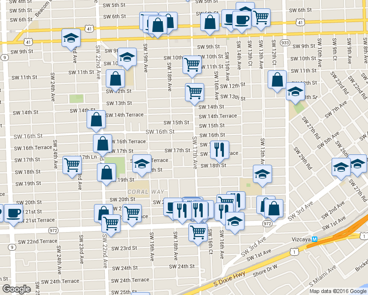 map of restaurants, bars, coffee shops, grocery stores, and more near 1738 Southwest 17th Street in Miami